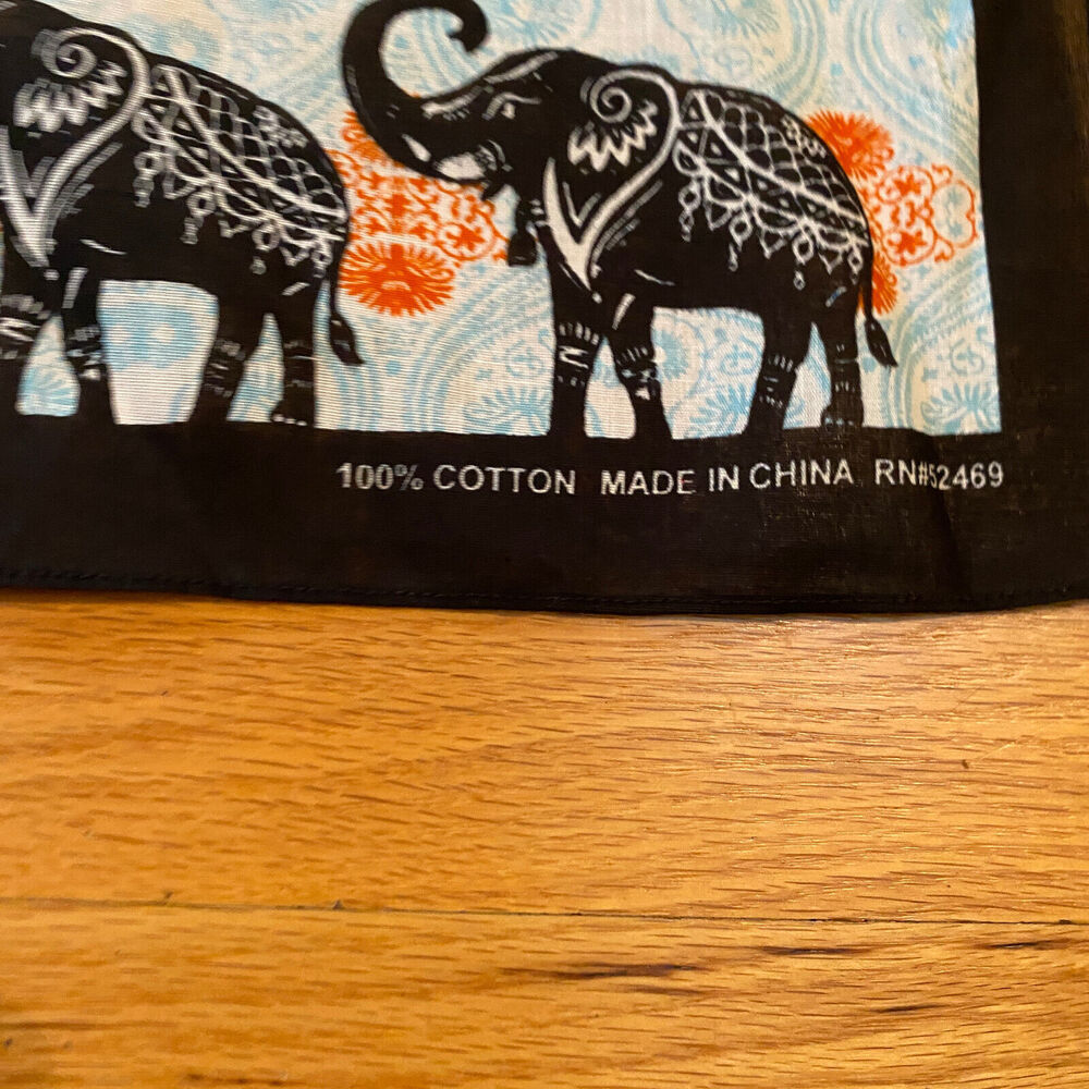 Vtg Deadstock Bandana 100% Cotton RN 52469 Elephant 21.5" Blue Orange Black - Picture 2 of 4